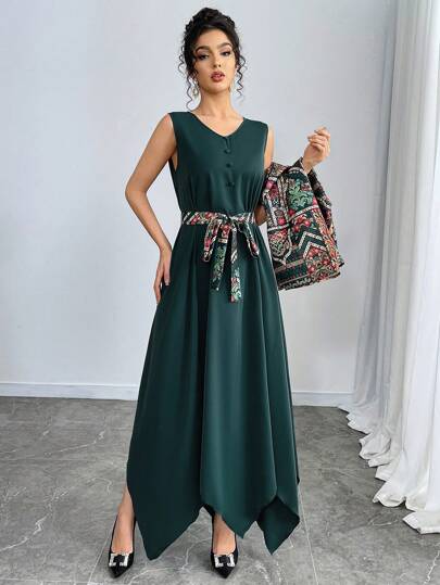 Yasmyna طقم من جاكيت كاجوال بأكمام طويلة مطبوعة مع فستان قصير مربوط أمامي للنساء، ملابس عربية