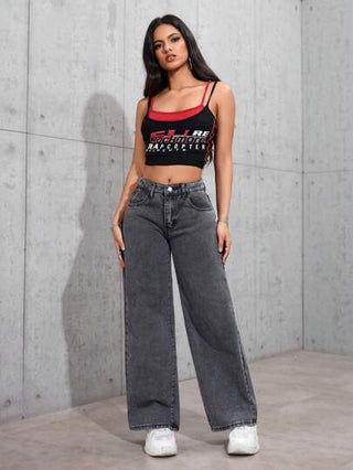 PETITE بنطال جينز كاجوال للنساء بجيوب أمامية وأزرار