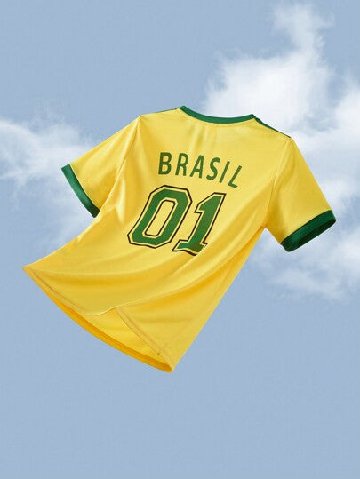 تي شيرت رياضي كاجوال للفتيان المراهقين، مطبوع بشعار وأرقام البرازيل، كتلة لونية، رقبة دائرية، أكمام قصيرة، مناسب للخريف والربيع والصيف، للألعاب الخارجية والمدرسة والشارع واللهو المنزلي وحفلات