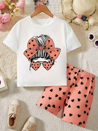girls-sets مجموعة 2 قطعة لفتاة في سن المراهقة تتكون من تي شيرت كريو نيك وشورت طباعة كرتونية وفيونكة، تي شيرت ناعمة وشورت رياضي للبنات