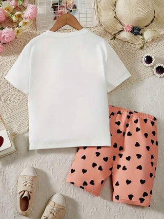 girls-sets مجموعة 2 قطعة لفتاة في سن المراهقة تتكون من تي شيرت كريو نيك وشورت طباعة كرتونية وفيونكة، تي شيرت ناعمة وشورت رياضي للبنات