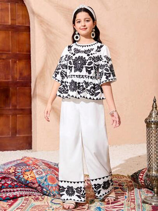 تيشيرتات بناتي طقم فتاة مراهقة كاجوال بوهو مطبوع بزهور قميص وبنطال ساق واسعة قطعتان
