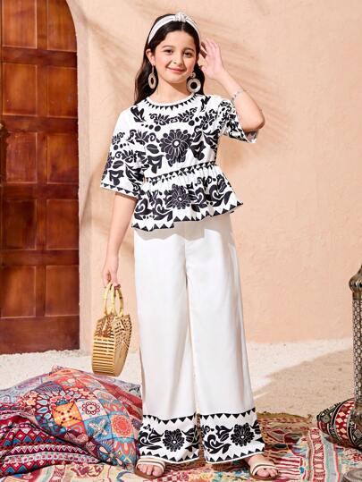 تيشيرتات بناتي طقم فتاة مراهقة كاجوال بوهو مطبوع بزهور قميص وبنطال ساق واسعة قطعتان