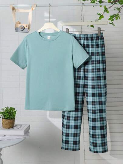 بيجاما طقم نوم مكون من تي شيرت بفتحة رقبة دائرية وأكمام قصيرة وشورت بيجاما بأنماط مربعات - مجموعتان لشباب المراهقين (تين) بطراز بسيط وكاجوال