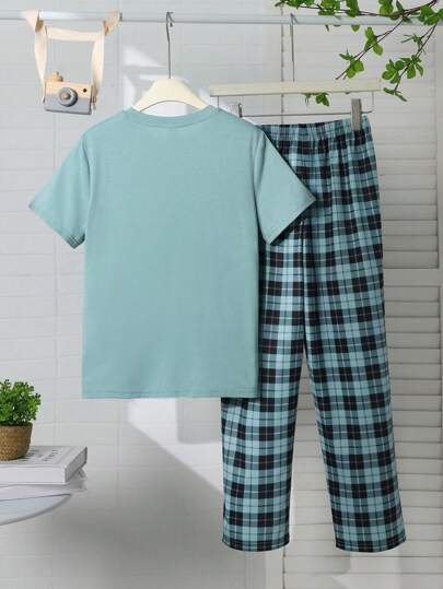 بيجاما طقم نوم مكون من تي شيرت بفتحة رقبة دائرية وأكمام قصيرة وشورت بيجاما بأنماط مربعات - مجموعتان لشباب المراهقين (تين) بطراز بسيط وكاجوال