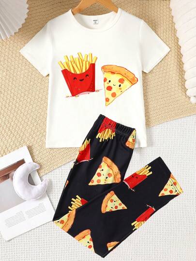 بيجاما مجموعة ملابس علوية قصير الأكمام والبنطلون طويل، مطبوعة برسومات طعام جذابة، من قماش مطاطي ناعم ومريح، ملابس صيفية عادية للفتيات المراهقات