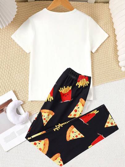 بيجاما مجموعة ملابس علوية قصير الأكمام والبنطلون طويل، مطبوعة برسومات طعام جذابة، من قماش مطاطي ناعم ومريح، ملابس صيفية عادية للفتيات المراهقات