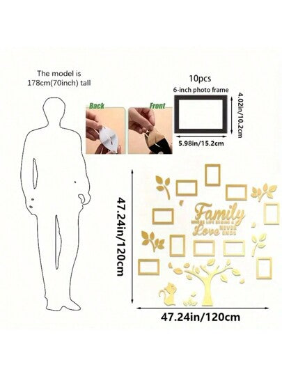 10 قطع ديكور حائط شجرة عائلة من الأكريليك - قم بإنشاء شجرة جدار دافئة وحميمية بأفضل الصور, مناسبة للمنزل, غرفة المعيشة أو أي غرفة. مناسبة للأعراس, عيد الحب, , عيد الميلاد, والتخرج. حجم الديكور: 47.2x47.2 بوصة هدايا