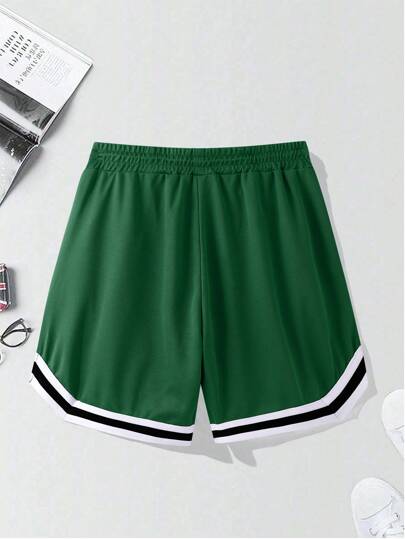 Manfinity Sporsity شورت رجالي بخصر سحاب وبنقشات الخطوط والحروف المتباينة، شورت كرة السلة للرجال، ملابس رجالية شورتات رجالية