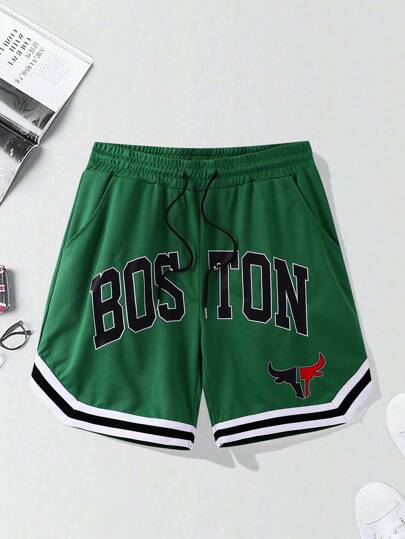 Manfinity Sporsity شورت رجالي بخصر سحاب وبنقشات الخطوط والحروف المتباينة، شورت كرة السلة للرجال، ملابس رجالية شورتات رجالية