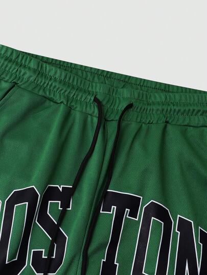 Manfinity Sporsity شورت رجالي بخصر سحاب وبنقشات الخطوط والحروف المتباينة، شورت كرة السلة للرجال، ملابس رجالية شورتات رجالية