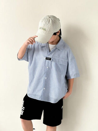 قميص مخطط كاجوال بياقة مفرودة وأكمام قصيرة مقاس كبير للأولاد، مناسب لملابس الأطفال ،ملابس أطفال الحضانة، عودة للمدرسة، مجموعات ملابس للأولاد لحفلات عيد الميلاد والمناسبات المسائية والحفلات والحفلات والمعمودية والافتتاحيات والارتداء اليومي والمدرسة والسفر