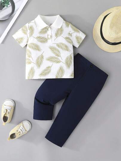 مجموعة 2 قطعة، بلوزة بولو مع رسم شجرة صنوبر للأولاد الرضع مع بنطلون أحادي اللون، ملابس خفيفة للاستخدام اليومي والخارجي، لفصل الربيع/الصيف