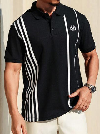 Manfinity Homme قميص بولو كاجوال ذو أكمام قصيرة وخطوط للرجال