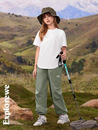 girls-sets 2 قطعة/طقم للفتيات المراهقات ملابس علوية بياقة مستديرة وأكمام قصيرة بتصميم بسيط مع بنطلون طويل، بدلة كاجوال