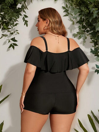 Swim Lushoire ملابس علوية أنثى بمقاسات كبيرة، بقصة على شكل هالتر مع تشكيلة ذات كشكشة في الجزء السفلي، باللون الأسود، للصيف