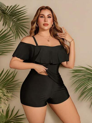 Swim Lushoire ملابس علوية أنثى بمقاسات كبيرة، بقصة على شكل هالتر مع تشكيلة ذات كشكشة في الجزء السفلي، باللون الأسود، للصيف