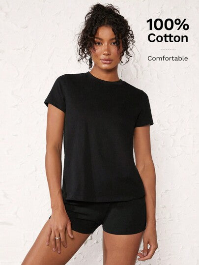 BASICS تي شيرت كاجوال قصير الأكمام بياقة مستديرة من لون واحد للنساء