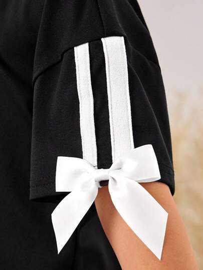 تيشيرتات بناتي مجموعة من قطعتين ، تيشيرت كريو نيك فضفاض محبوك باللون الواحد وبنطال ساق واسعة للشابات