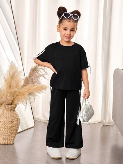 تيشيرتات بناتي مجموعة من قطعتين ، تيشيرت كريو نيك فضفاض محبوك باللون الواحد وبنطال ساق واسعة للشابات