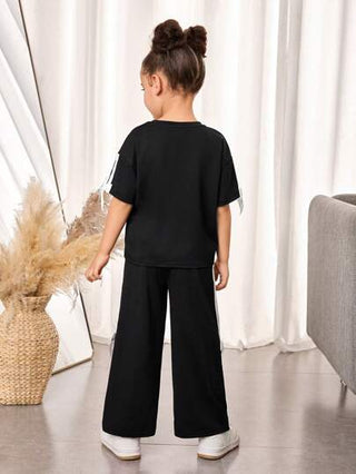 تيشيرتات بناتي مجموعة من قطعتين ، تيشيرت كريو نيك فضفاض محبوك باللون الواحد وبنطال ساق واسعة للشابات