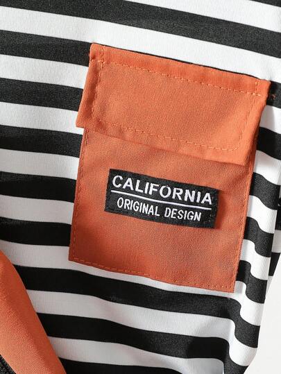 مجموعة تتكون من توب مخطط عادي + شورت بني بسيط متعدد الاستخدامات + حقيبة مطابقة للصبي الصغير