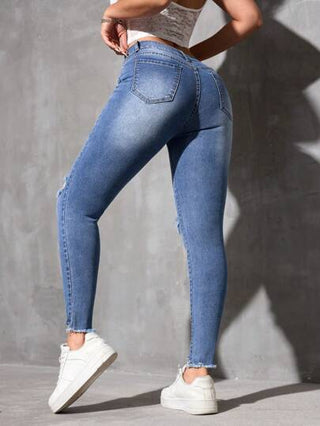 PETITE السراويل الجينز النسائية المريحة متعددة الاستخدامات مع جيوب ومزقات