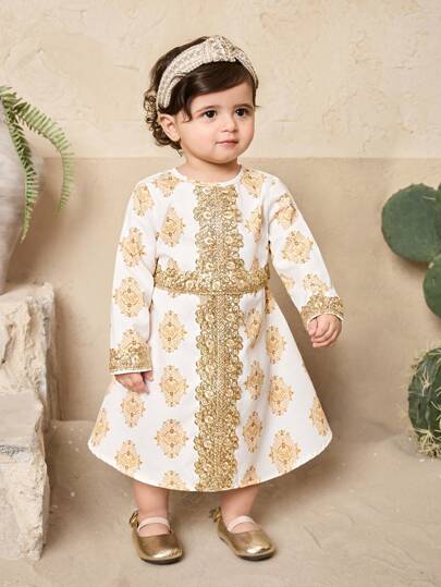 فساتين بيبي فستان أطفال بناتي بأكمام طويلة طبعات زهرية، تصميم ذهبي أنيق للصيف