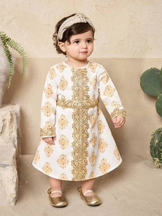 فساتين بيبي فستان أطفال بناتي بأكمام طويلة طبعات زهرية، تصميم ذهبي أنيق للصيف