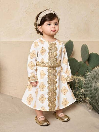 فساتين بيبي فستان أطفال بناتي بأكمام طويلة طبعات زهرية، تصميم ذهبي أنيق للصيف