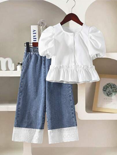 تيشيرتات بناتي Genkimix Kids مجموعة من قميص محصول الأكمام منتفخة والياقة المربعة للفتاة البسيطة وبنطال جينز مستقيم ذات خصر مطاطي مزين بزهور مطرزة 2 قطعة