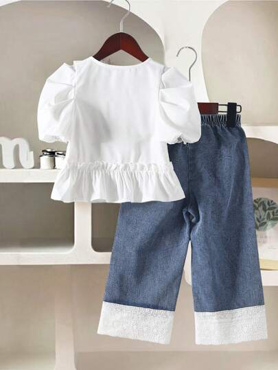 تيشيرتات بناتي Genkimix Kids مجموعة من قميص محصول الأكمام منتفخة والياقة المربعة للفتاة البسيطة وبنطال جينز مستقيم ذات خصر مطاطي مزين بزهور مطرزة 2 قطعة