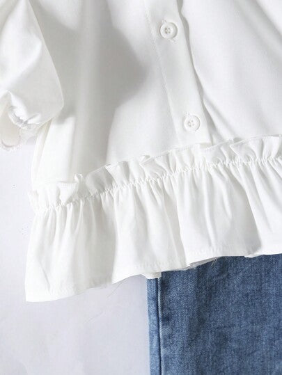 تيشيرتات بناتي Genkimix Kids مجموعة من قميص محصول الأكمام منتفخة والياقة المربعة للفتاة البسيطة وبنطال جينز مستقيم ذات خصر مطاطي مزين بزهور مطرزة 2 قطعة