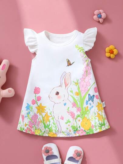 فساتين بيبي Persoplay Kids فستان بناتي أنيق على شكل أرنب عيد الفصح، بطبعات زهور وفراشات في خط A، من قماش محبوك ناعم ومريح، صالح للارتداء اليومي، تصوير عيد الفصح، الأنشطة الخارجية، الاستخدام المنزلي اليومي، عناصر أساسية متعددة الاستخدامات