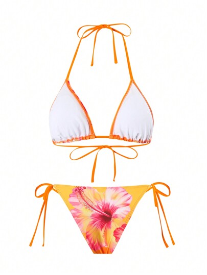 Swim Oasis طقم ملابس صيفية للنساء مكون من 3 قطع يتضمن: ملابس علوية مطبوعة بزهور ثلاثية الأبعاد، بكيني قطعتين مع ربطة أمامية، وتنورة شبكية، بطراز بوهيمي للإقامة في المنتجعات