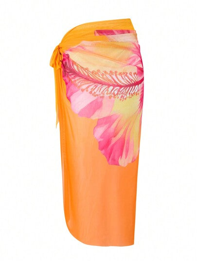 Swim Oasis طقم ملابس صيفية للنساء مكون من 3 قطع يتضمن: ملابس علوية مطبوعة بزهور ثلاثية الأبعاد، بكيني قطعتين مع ربطة أمامية، وتنورة شبكية، بطراز بوهيمي للإقامة في المنتجعات