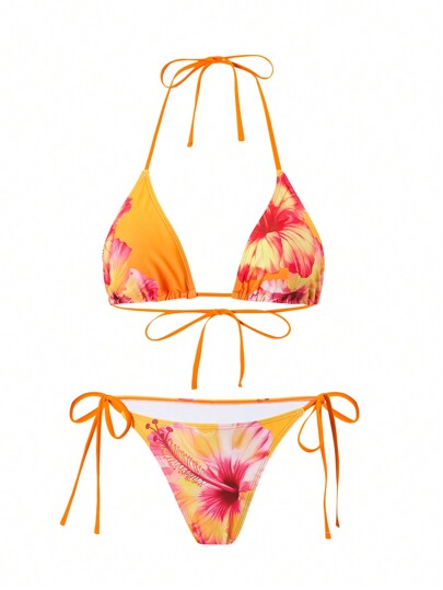 Swim Oasis طقم ملابس صيفية للنساء مكون من 3 قطع يتضمن: ملابس علوية مطبوعة بزهور ثلاثية الأبعاد، بكيني قطعتين مع ربطة أمامية، وتنورة شبكية، بطراز بوهيمي للإقامة في المنتجعات