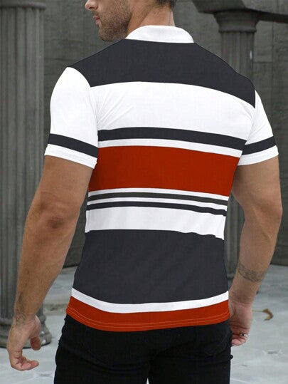 SHEIN Manfinity Dauomo قميص بولو قصير الأكمام ذو ألوان متباينة وخطوط للرجال