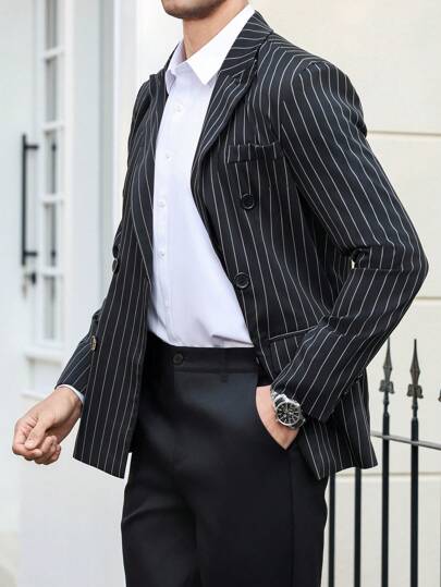 Manfinity Mode جاكيت رجالية كاجوال مخططة بياقة متباينة من ماندفينيتي جاكيت