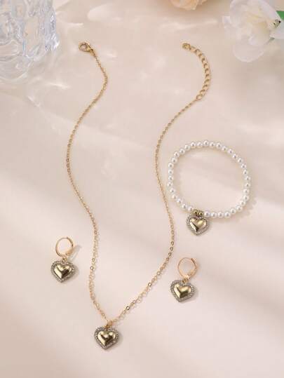 4 قطع/مجموعة من طقم مجوهرات للبنات، قلادة وسوار وأقراط بتصميم قلوب وأزهار الأقحوان