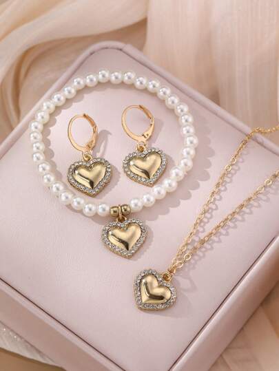 4 قطع/مجموعة من طقم مجوهرات للبنات، قلادة وسوار وأقراط بتصميم قلوب وأزهار الأقحوان
