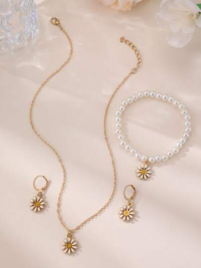 4 قطع/مجموعة من طقم مجوهرات للبنات، قلادة وسوار وأقراط بتصميم قلوب وأزهار الأقحوان