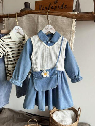 فساتين بيبي Vintaside Kids الفتاة الشابة في الربيع والخريف، فستان أنيق من قمصان طويلة الأكمام مع صدرية مضفرة على الطراز الكوري الغربي ، تصميم بسيط وأنيق يوفر الراحة والأناقة أثناء المغامرات في الهواء الطلق، مثالي لأوقات العطلات والمناسبات الغير رسمية