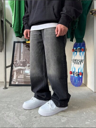 بنطلون جينز كاجوال ذو قدم مستقيمة من الغسيل الأسود للرجال، بتصميم عصري وبسيط