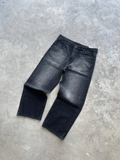 بنطلون جينز كاجوال ذو قدم مستقيمة من الغسيل الأسود للرجال، بتصميم عصري وبسيط