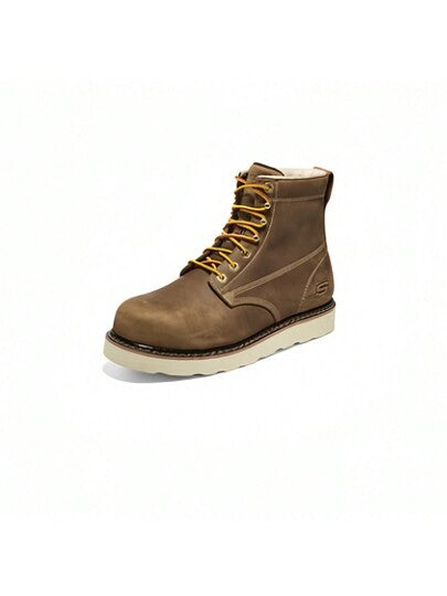 Skechers بوت رجالي أنيق من سلسلة WORK ذو رباط، متعدد الاستخدامات، بوت بني داكن مقاومة للأوساخ