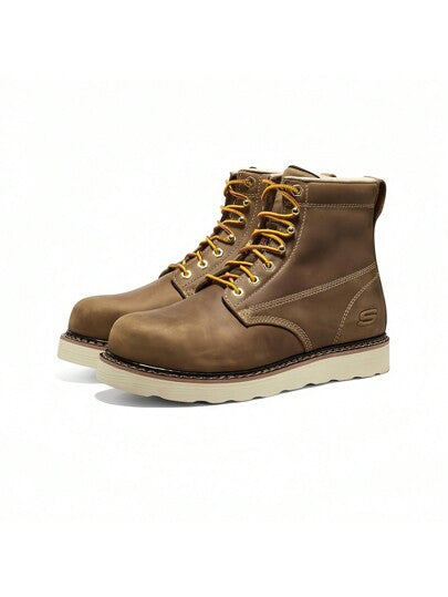 Skechers بوت رجالي أنيق من سلسلة WORK ذو رباط، متعدد الاستخدامات، بوت بني داكن مقاومة للأوساخ