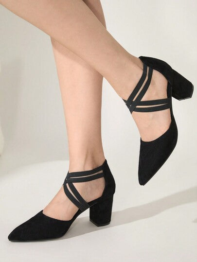 CUCCOO CHICEST نساء أسود من المخمل أحذية كعب عالي سميك بتصميم مدبب للأصبع، مناسبة للمكتب ، التاريخ ، الحزب ، الزفاف ، الإجازات