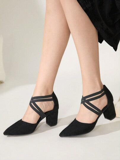 CUCCOO CHICEST نساء أسود من المخمل أحذية كعب عالي سميك بتصميم مدبب للأصبع، مناسبة للمكتب ، التاريخ ، الحزب ، الزفاف ، الإجازات