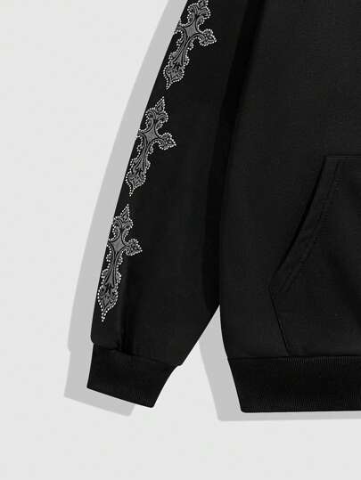 ROMWE MEN Grunge Punk بلوزة هودي للرجال طويلة الأكمام مطبوع عليها صليب مع سحاب أمامي